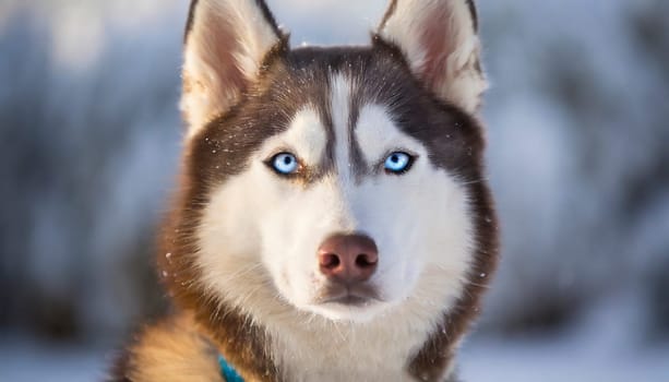 Siberian husky outdoor portrait with winter background. AI generated