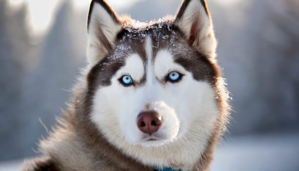 Siberian husky outdoor portrait with winter background. AI generated