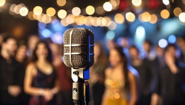 microphone on stage with blurred people and lights in background. AI generated