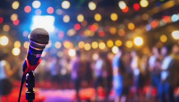 microphone on stage with blurred people and lights in background. AI generated