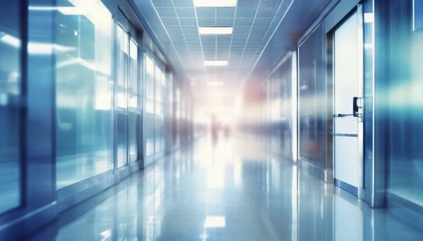 Empty hospital corridor with medical equipment. Blurred background, selective focus. AI generated