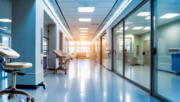 Empty hospital corridor with medical equipment. Blurred background, selective focus. AI generated