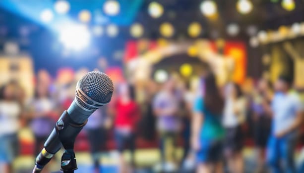 microphone on stage with blurred people and lights in background. AI generated