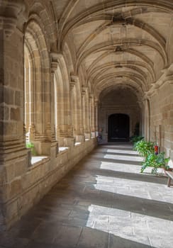 Alcantara, Spain - Oct 6th, 2022: Gothic Cloister of Convent of San Benito de Alcantara, Caceres, Spain. Former refectory