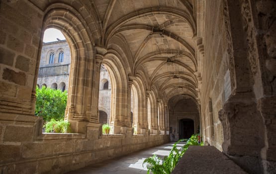 Alcantara, Spain - Oct 6th, 2022: Gothic Cloister of Convent of San Benito de Alcantara, Caceres, Spain. Former refectory