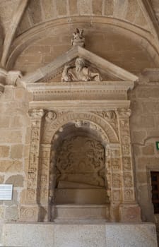Alcantara, Spain - Oct 6th, 2022: Gothic Cloister of Convent of San Benito de Alcantara, Caceres, Spain. Former refectory