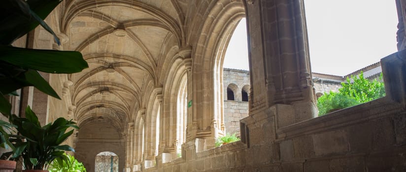 Alcantara, Spain - Oct 6th, 2022: Gothic Cloister of Convent of San Benito de Alcantara, Caceres, Spain. Former refectory