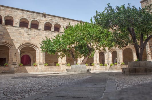 Alcantara, Spain - Oct 6th, 2022: Gothic Cloister of Convent of San Benito de Alcantara, Caceres, Spain. Former refectory