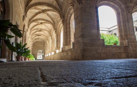 Alcantara, Spain - Oct 6th, 2022: Gothic Cloister of Convent of San Benito de Alcantara, Caceres, Spain. Former refectory