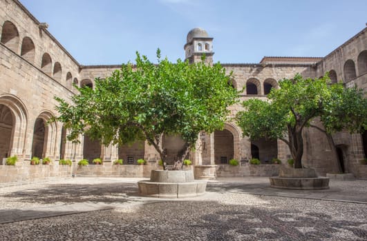 Alcantara, Spain - Oct 6th, 2022: Gothic Cloister of Convent of San Benito de Alcantara, Caceres, Spain. Former refectory