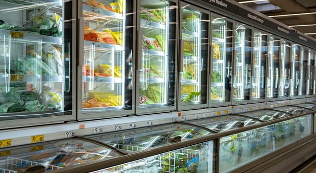 POZNAN, POL - DEC 8, 2023: Food products put up for sale in a commercial refrigerator