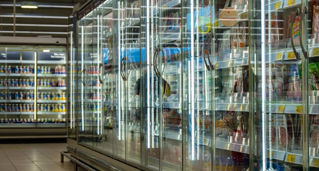 POZNAN, POL - DEC 8, 2023: Food products put up for sale in a commercial refrigerator