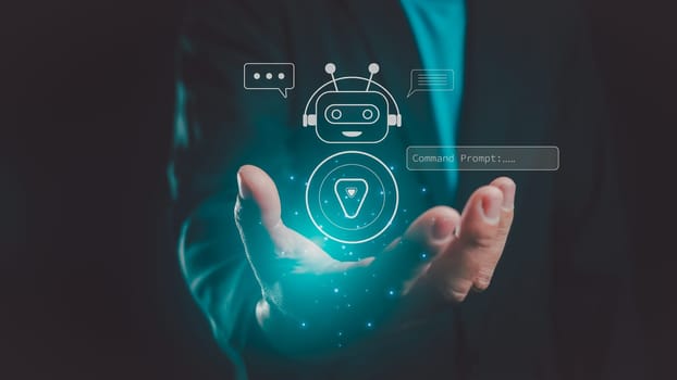 AI, Artificial Intelligence, Chatbot, Chat with AI, man using technology smart robot AI, Futuristic technology transformation, artificial intelligence by enter command prompt for generates something.