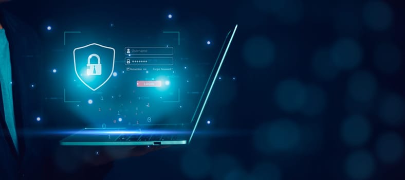 Cyber security and password login concept, Hands uses computer and entering username and password of data network, log in with laptop to digital information system, Online data protection concept