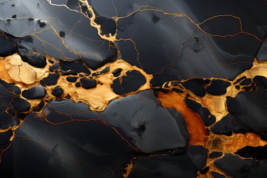 Black and gold marble texture with waves and bubbles. The marble surface is shiny and reflective. It creates a feeling of luxury and elegance. These patterns are realistic and lively.