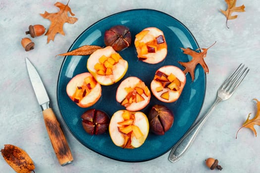 Caramelized baked autumn apples and figs. Homemade vegan dessert