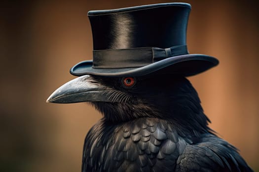 A large black raven with a top hat. Symbol of intelligence. AI generated