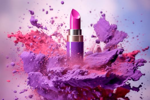 Explosion of purple cosmetic powder and lipstick . AI generated