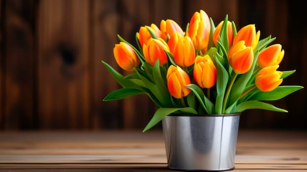 Tulips in metal bucket on a brown wooden background. AI generated
