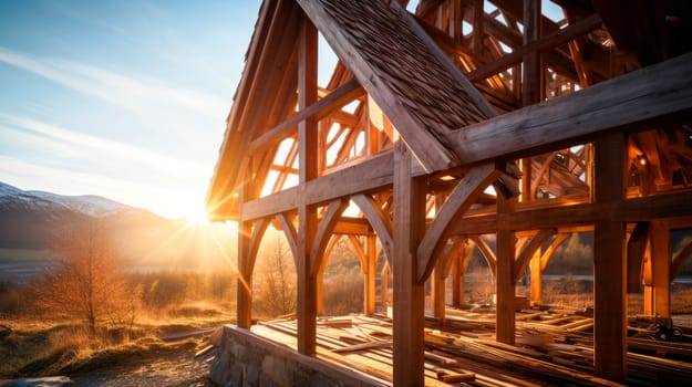 Wooden frame house under construction near mountains. Beginning of new construction of cozy house. Concept of modern ecological construction and modern architecture. AI generated