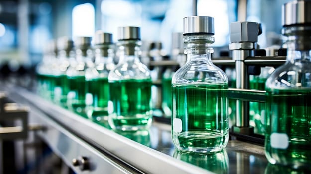 Pharmaceutical manufacture background with glass bottles with green liquid on automatic conveyor line. AI generated