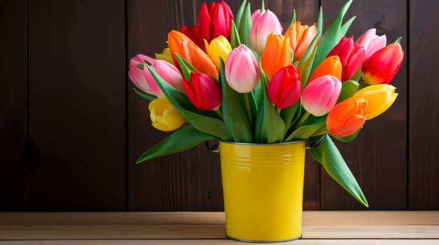 Tulips in yellow bucket on a brown wooden background. AI generated