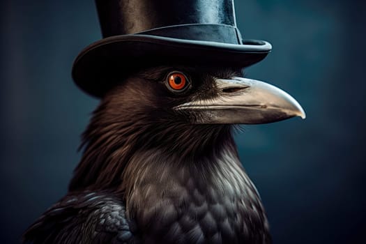 A large black raven with a top hat. Symbol of intelligence. AI generated