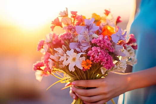 Hand with bouquet of beautiful wild flowers in the summer sun . Bright bunch of flowers in hands. Flowers as a present. AI generated