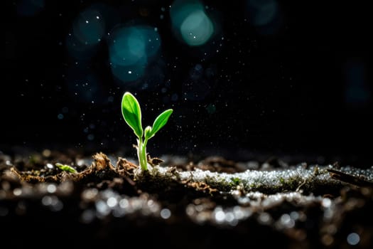 A small bean sprout emerging from the cold ground, symbolizing resilience and growth against all odds. Green sprout breaking through the soil. AI generated