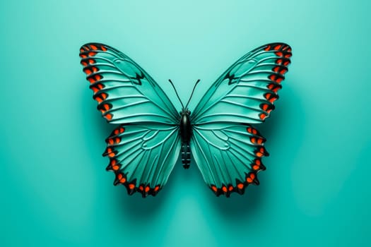 Abstract natural background with beautiful butterfly on light blue background. AI generated