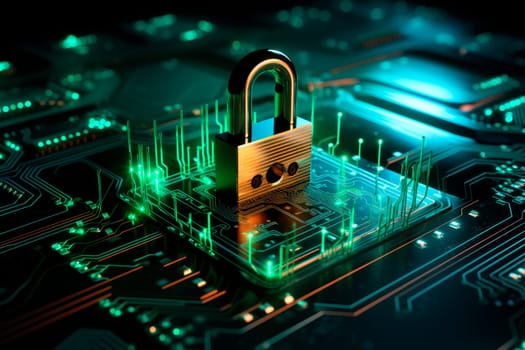 Internet digital security technology concept, padlock on circuit board.Cyber Security Digital Data Network Protection. AI generated