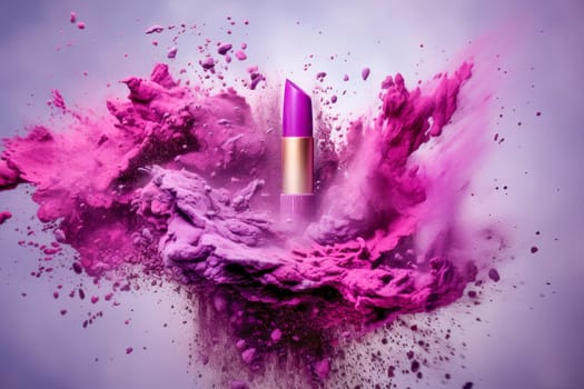 Explosion of pink and purple cosmetic powder and lipstick . AI generated