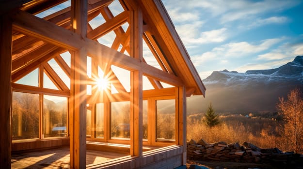 Wooden frame house under construction near mountains. Beginning of new construction of cozy house. Idea of contemporary ecological construction. AI generated