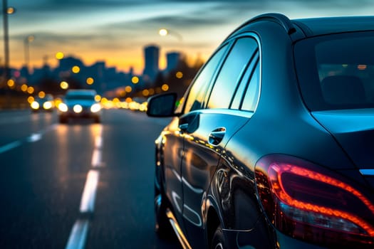 Evening car traffic during the communication rush. Close up view of a car tail lights. Evening car traffic. AI generated