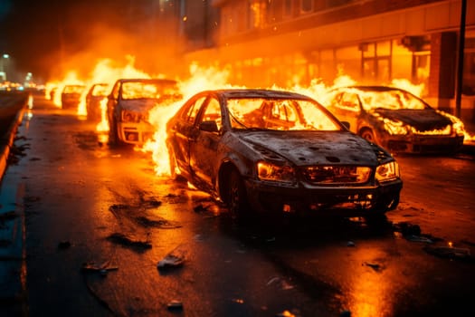 Parked cars on fire on empty streets after riots. Burning cars on the road at night. AI generated