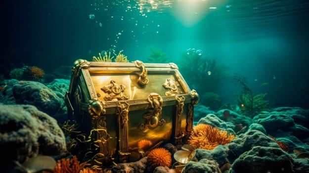 Treasures on the seabed. Golden treasure chest submerged underwater with light rays. AI generated