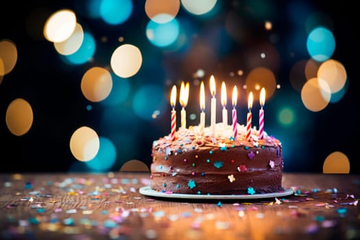 A vibrant and festive background image for a birthday celebration. Birthday cake with candles, bright lights, and confetti. AI generated