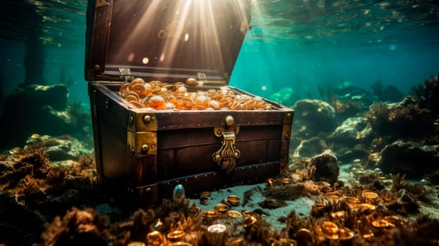 Open treasure chest sunken at the bottom of the sea. AI generated