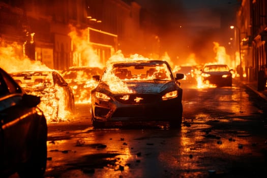 Parked cars on fire on empty streets after riots. Burning cars on the road at night. AI generated