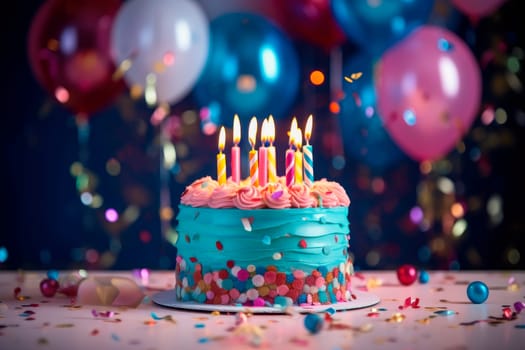 A vibrant and festive background image for a birthday celebration. Birthday cake with candles, bright lights, balloons and confetti. AI generated