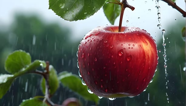 A red apple with drops of water in the rain