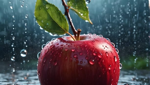 A red apple with drops of water in the rain