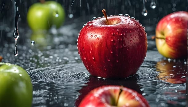 A red apple with drops of water in the rain