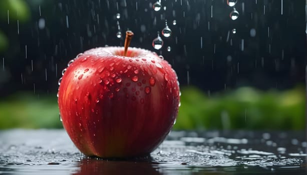 A red apple with drops of water in the rain