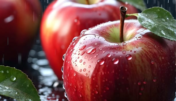 A red apple with drops of water in the rain
