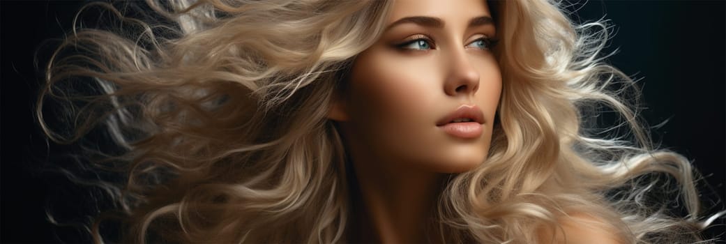 beauty portrait of a young woman with developing blond hair on a dark background, close-up, Banner. content for beauty salons and bloggers. space for text