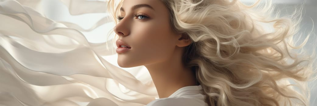 beauty portrait of a young woman with developing blond hair on a background of silk mesh fabric close-up, Banner. content for beauty salons and bloggers. space for text