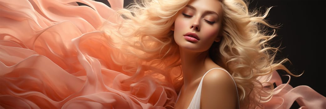 beauty portrait of a young woman with developing blond hair and silk fabric on a dark background close-up, Banner. content for beauty salons and bloggers. space for text