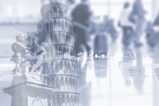 Abstract image of people walking in the airport with Leaning Tower of Pisa as double exposure background.