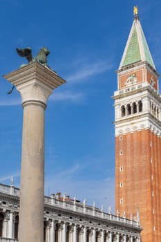 View of Campanile Bell Tower And Lion Of Venice in Italy. Vertically.